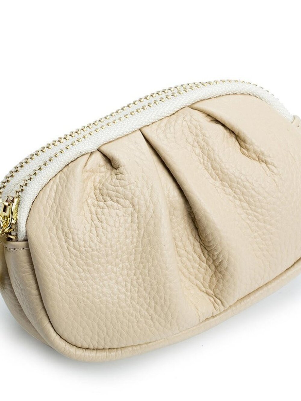 Double Zipper Pouch Beige Pebbled Leather Coin Purse & Wallet